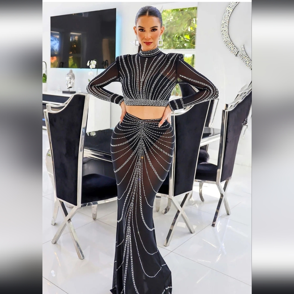 Sequin See Through Crop Top Maxi Skirt Formal Party Matching Set